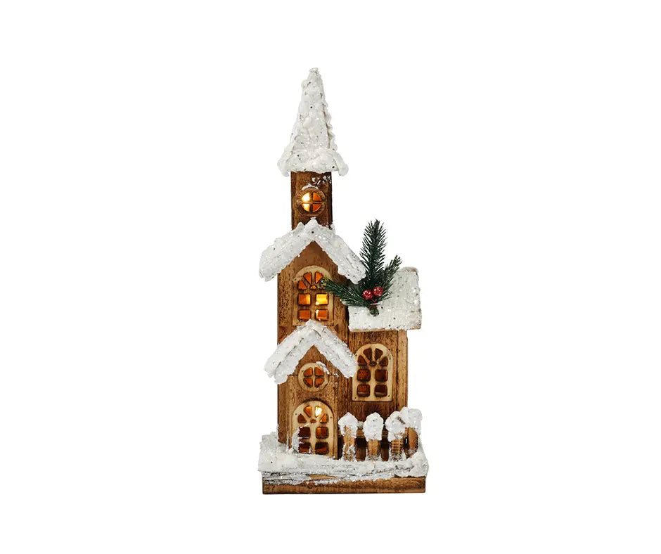 Wooden Church Led 40X16X9cm