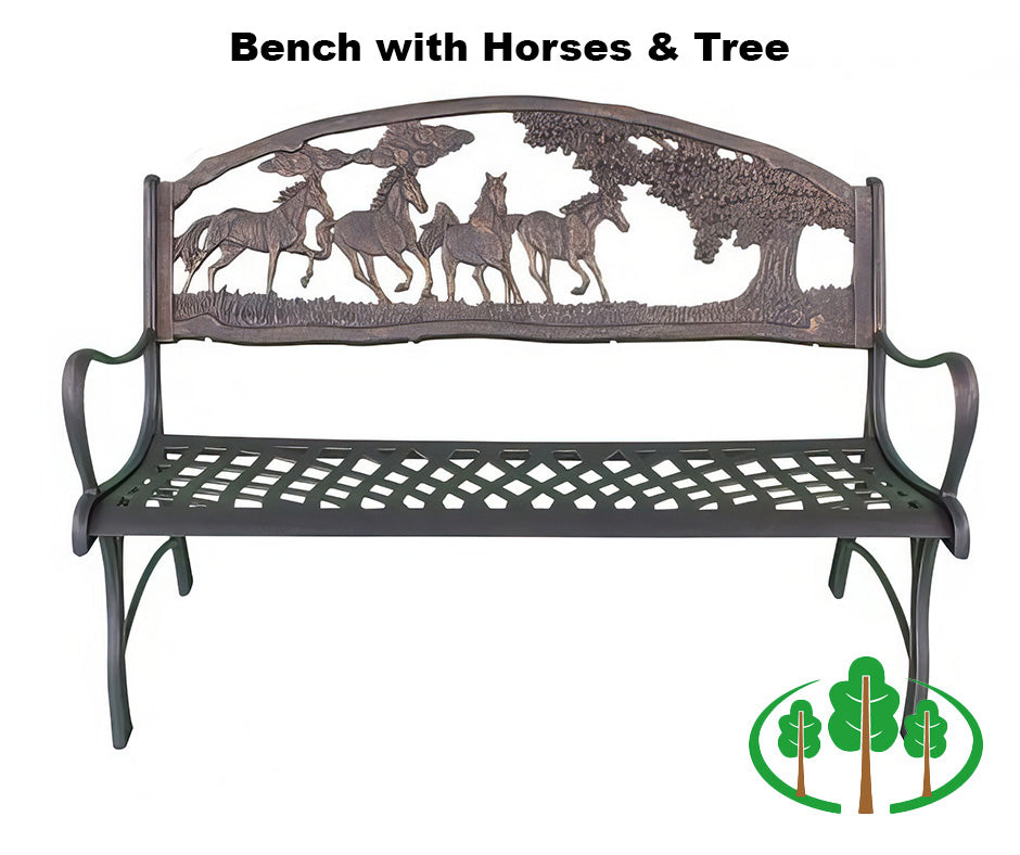 Cast Iron Bench with Horses and Tree
